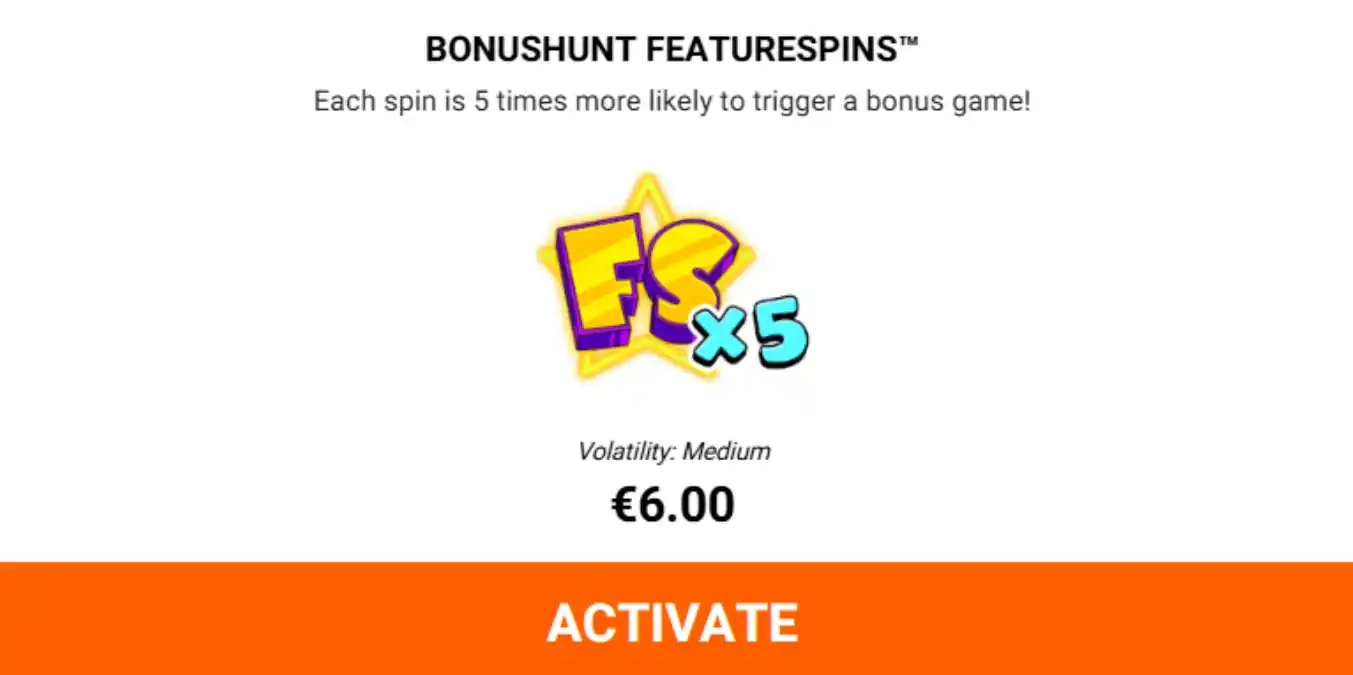 Tela do Bonushunt Featurespins mostrando multiplicador x5 e preço de compra de €6,00.