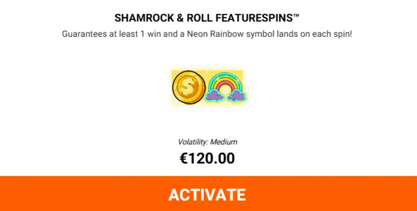 Tela do recurso Shamrock & Roll Featurespins com arco-íris e custo de €120,00.