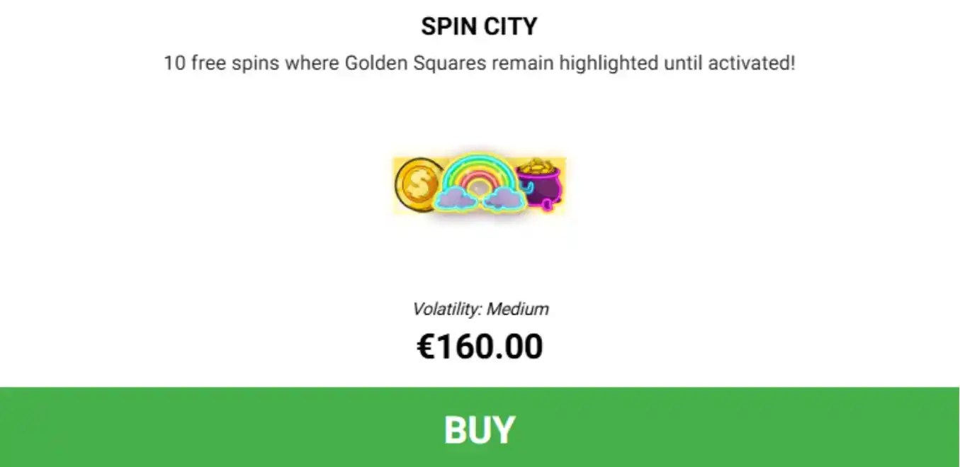 Bônus Spin City com Golden Squares destacados e opção de compra de €160,00.
