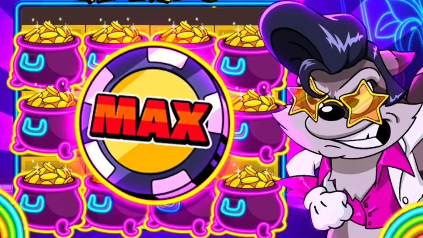 Símbolo MAX com potes de ouro ao fundo e personagem guaxinim estrela.