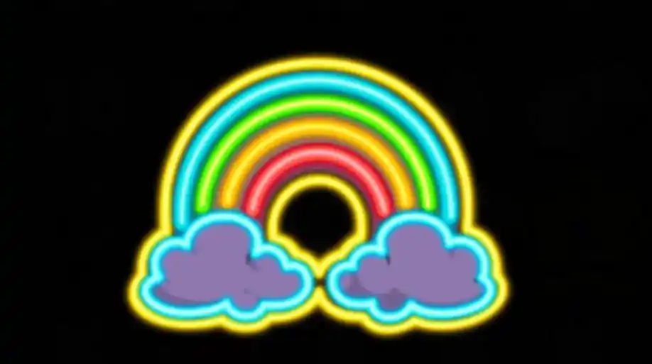 Símbolo selvagem de arco-íris neon com nuvens brilhantes usado no caça-níqueis Le King